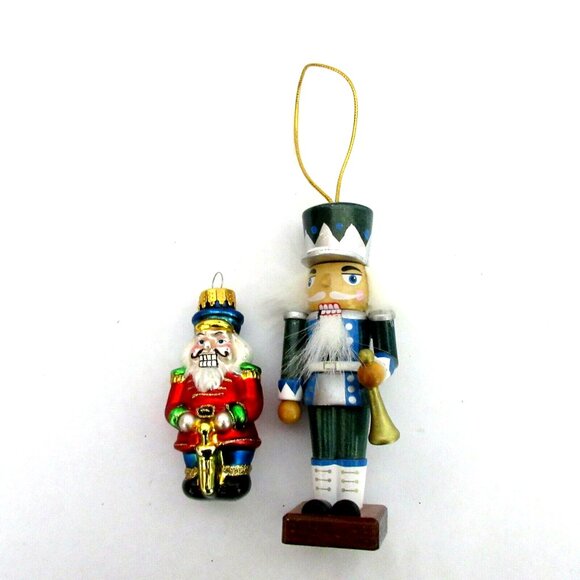 5” Wood Soldier and 3” Blown Glass Nutcracker Christmas Tree Ornaments Set of 2 - Picture 3 of 9